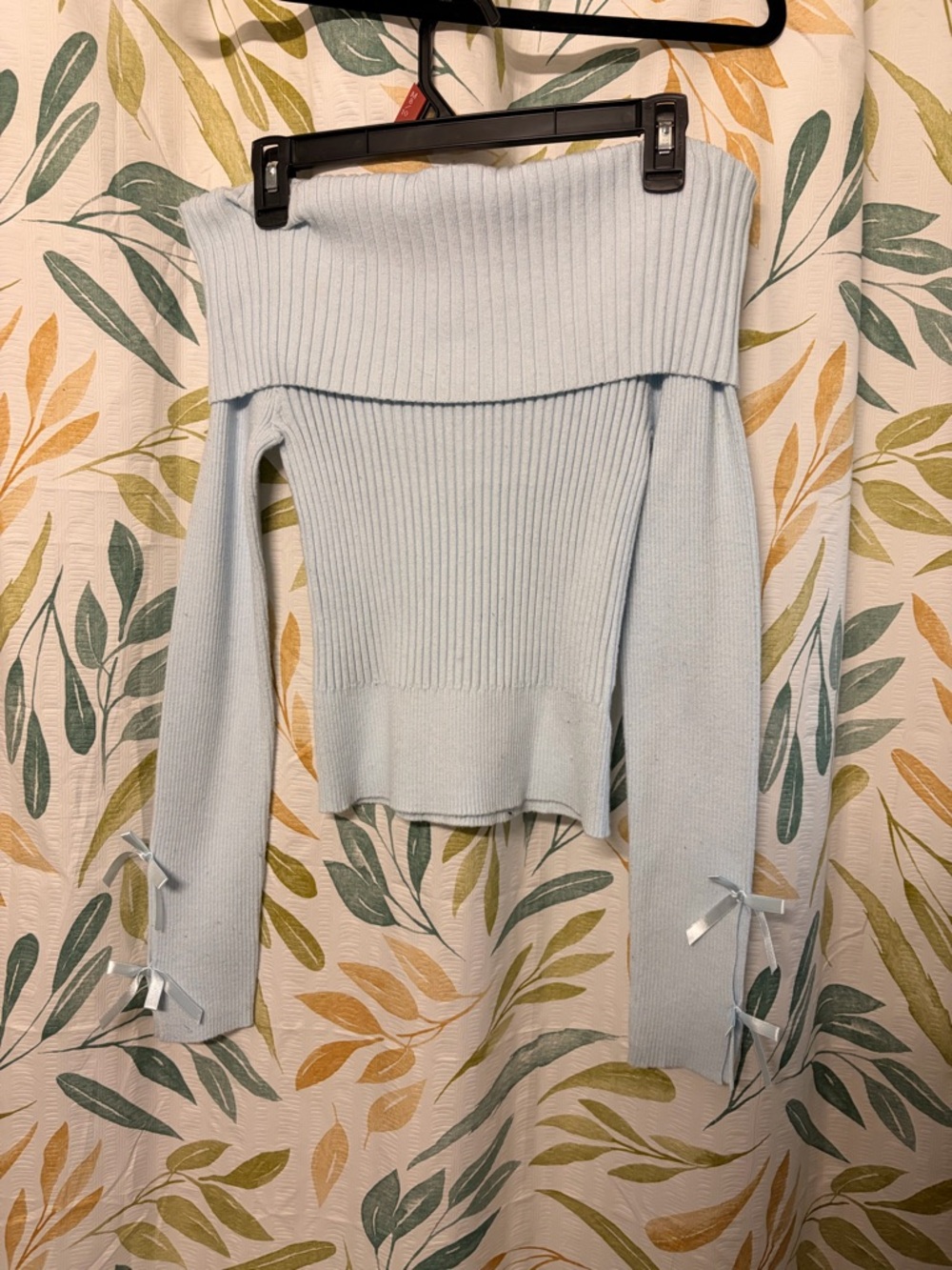 No Boundaries Light Blue Off-the-Shoulder Ribbed Sweater with Bow Cuffs